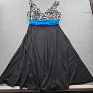 Vintage Lizzatti A-Line Dress Womens 12 Black White Polka Dot Deep V Neck Preppy